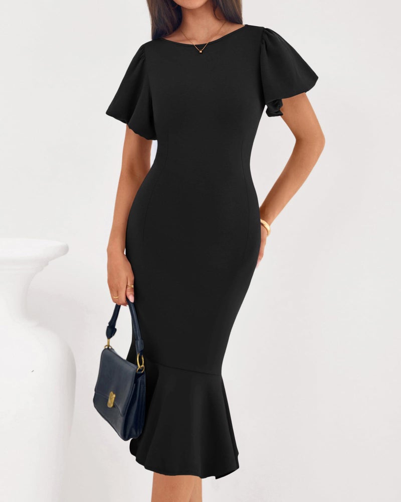 BTFBM Women Formal Wedding Guest Cocktail Dresses 2026 Short Sleeve Ruffle Mermaid Work Bodycon Elegant Midi Summer Dress(Black, Small) - Image 4