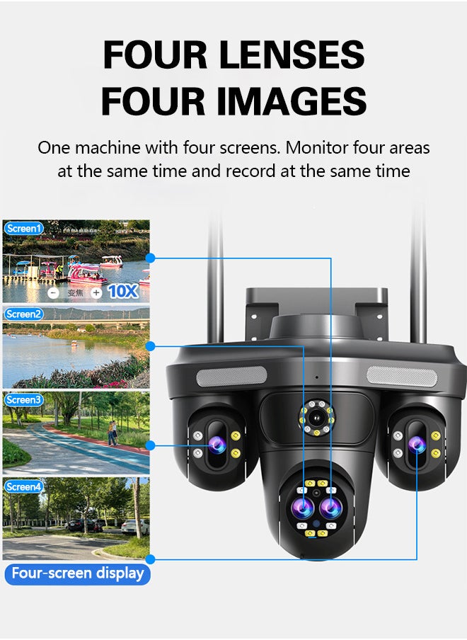 10K WiFi HD outdoor surveillance camera, four screens and four lenses for all-round monitoring, 360° rotation, human/motion detection, IP66 waterproof, two-way voice, three types of intelligent night vision