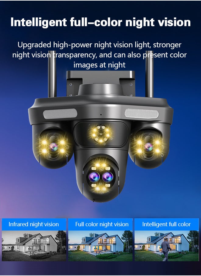 10K WiFi HD outdoor surveillance camera, four screens and four lenses for all-round monitoring, 360° rotation, human/motion detection, IP66 waterproof, two-way voice, three types of intelligent night vision