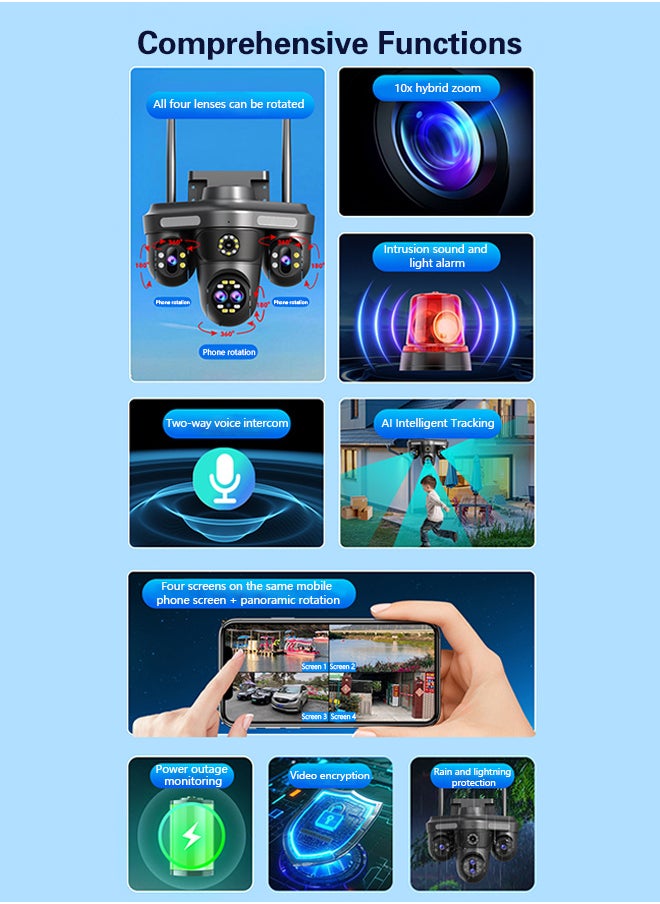 10K WiFi HD outdoor surveillance camera, four screens and four lenses for all-round monitoring, 360° rotation, human/motion detection, IP66 waterproof, two-way voice, three types of intelligent night vision