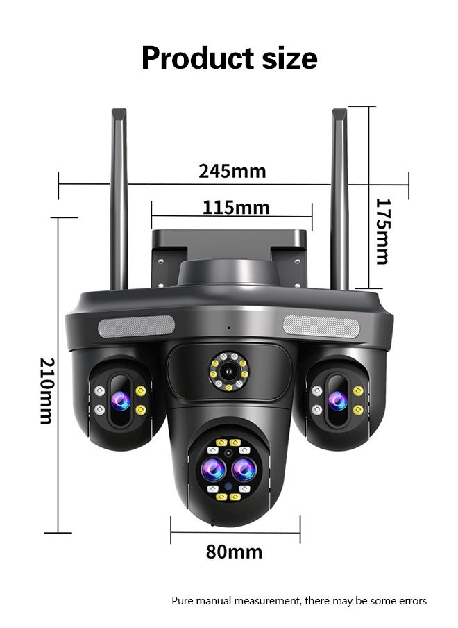 10K WiFi HD outdoor surveillance camera, four screens and four lenses for all-round monitoring, 360° rotation, human/motion detection, IP66 waterproof, two-way voice, three types of intelligent night vision