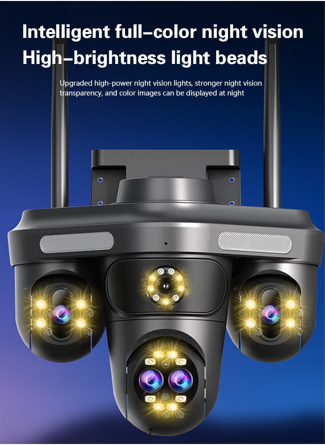 10K WiFi HD outdoor surveillance camera, four screens and four lenses for all-round monitoring, 360° rotation, human/motion detection, IP66 waterproof, two-way voice, three types of intelligent night vision