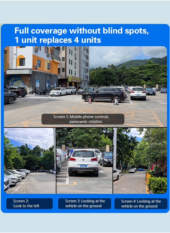 10K WiFi HD outdoor surveillance camera, four screens and four lenses for all-round monitoring, 360° rotation, human/motion detection, IP66 waterproof, two-way voice, three types of intelligent night vision