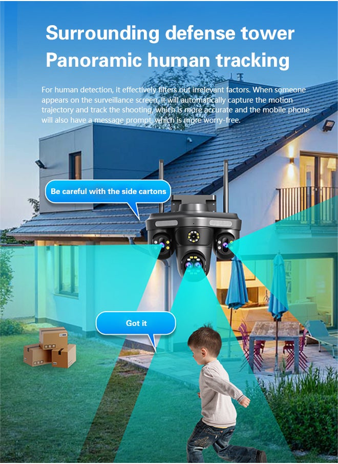 10K WiFi HD outdoor surveillance camera, four screens and four lenses for all-round monitoring, 360° rotation, human/motion detection, IP66 waterproof, two-way voice, three types of intelligent night vision