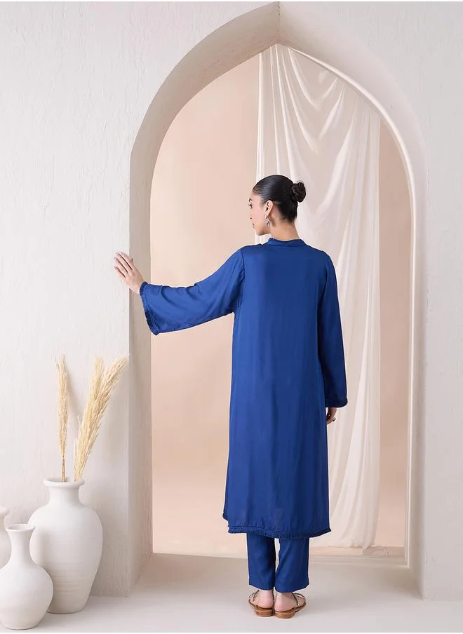 فيميلا Fringe Hem Button Detail Kurta with Straight Pant Co-Ords