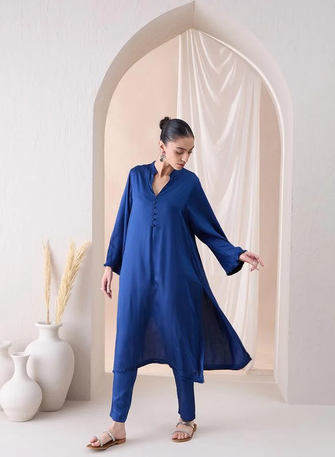 Femmella Fringe Hem Button Detail Kurta with Straight Pant Co-Ords by Styli