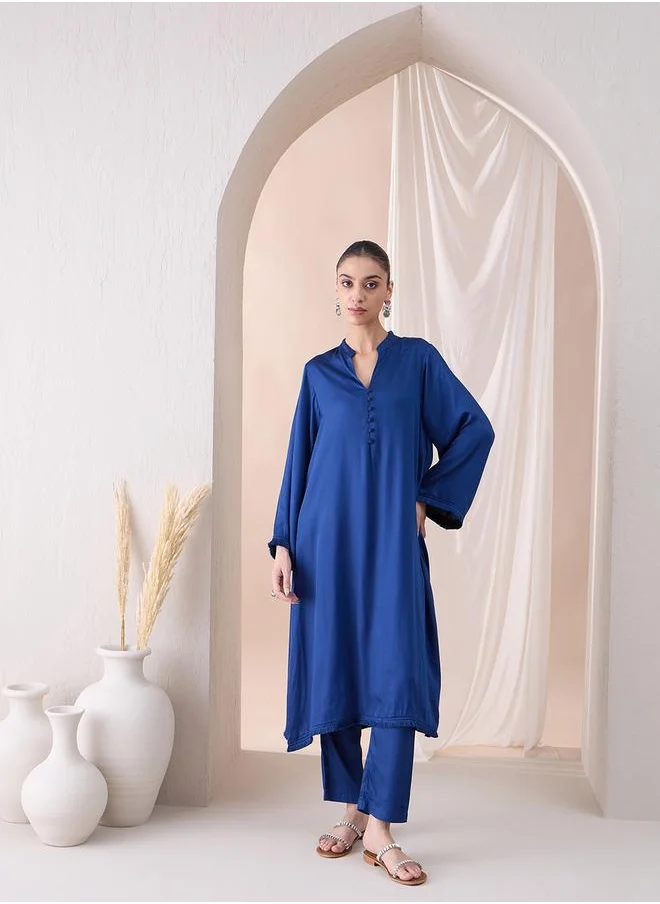 Femmella Fringe Hem Button Detail Kurta with Straight Pant Co-Ords