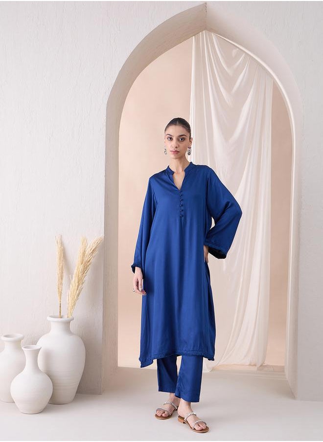 Femmella - Fringe Hem Button Detail Kurta with Straight Pant Co-Ords by Styli - Image 1