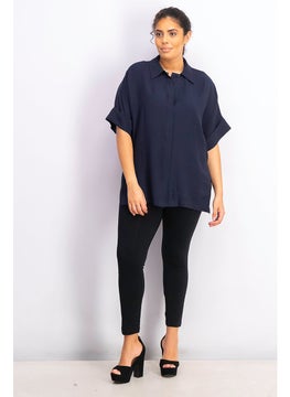 MANGO Women Spread Collar Flowy Short Sleeve Plain Top, Navy  - Image 4