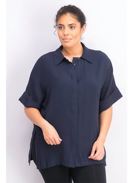 MANGO Women Spread Collar Flowy Short Sleeve Plain Top, Navy  - Image 1