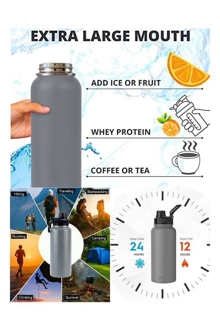 Chase Up Water Bottle 18/8 Stainless Steel Double Wall Vaccum Insulated Thermos Bottle with Spout Lid Wide Mouth Hot Cold Drink hydroflask for Sports Travel Kids School Gym Office (LAVA GREY, 1000ML) - Image 3
