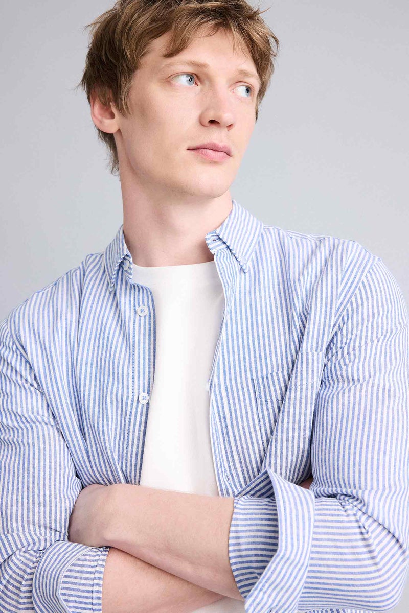 DeFacto Blue Man Mixed Linen Shirt Casual - Image 4