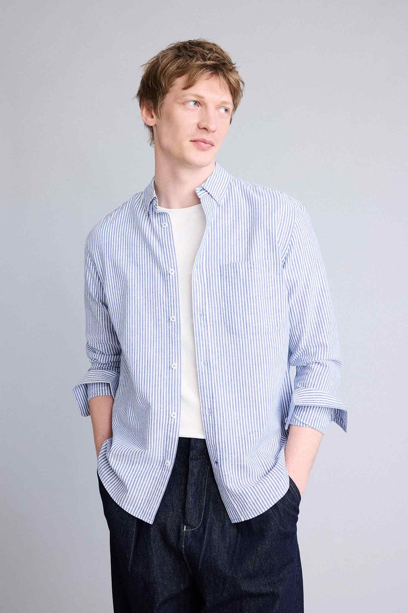 DeFacto Blue Man Mixed Linen Shirt Casual - Image 3