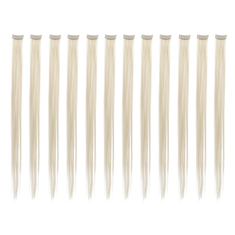 SWACC 12 Pcs Straight One Color Party Highlights Clip on in Hair Extensions For Women Colored Hair Streak Synthetic Hairpieces (Platinum Blonde) - Image 1