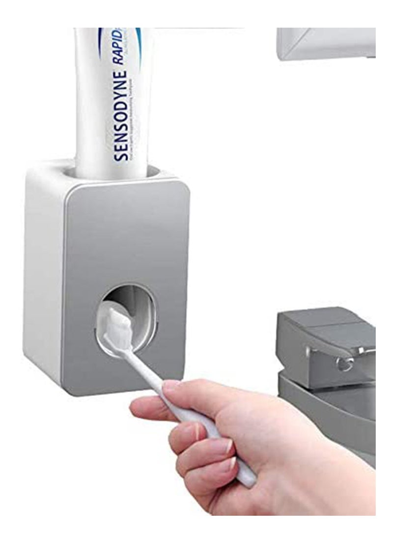 SYOSI حامل معجون الأسنان وفرشاة الأسنان، 2 قطع، ضاغط معجون الأسنان التلقائي للأطفال والعائلة للاستحمام، ملحقات حمام مثبتة على الحائط مع وسادة شفط فائقة الالتصاق (رمادي + رمادي) - Image 1