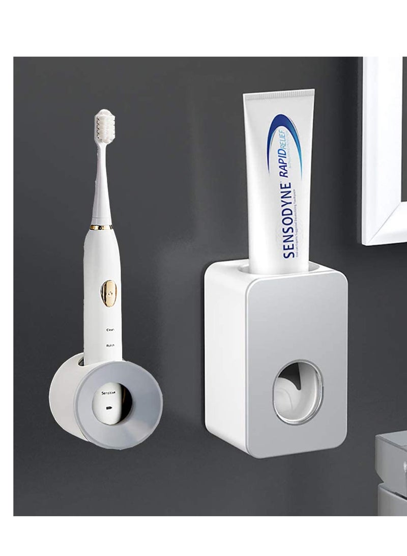SYOSI حامل معجون الأسنان وفرشاة الأسنان، 2 قطع، ضاغط معجون الأسنان التلقائي للأطفال والعائلة للاستحمام، ملحقات حمام مثبتة على الحائط مع وسادة شفط فائقة الالتصاق (رمادي + رمادي) - Image 3