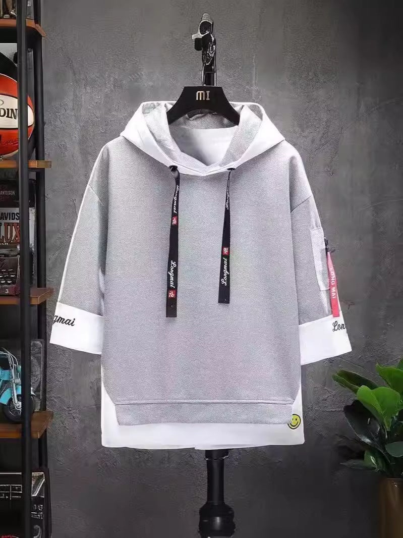 Short-Sleeved T-Shirt Men'S 2025 Style Hooded National Trendyy Youth Loose Three-Quarter Sleeve Fake Two-Piece Top - Image 4