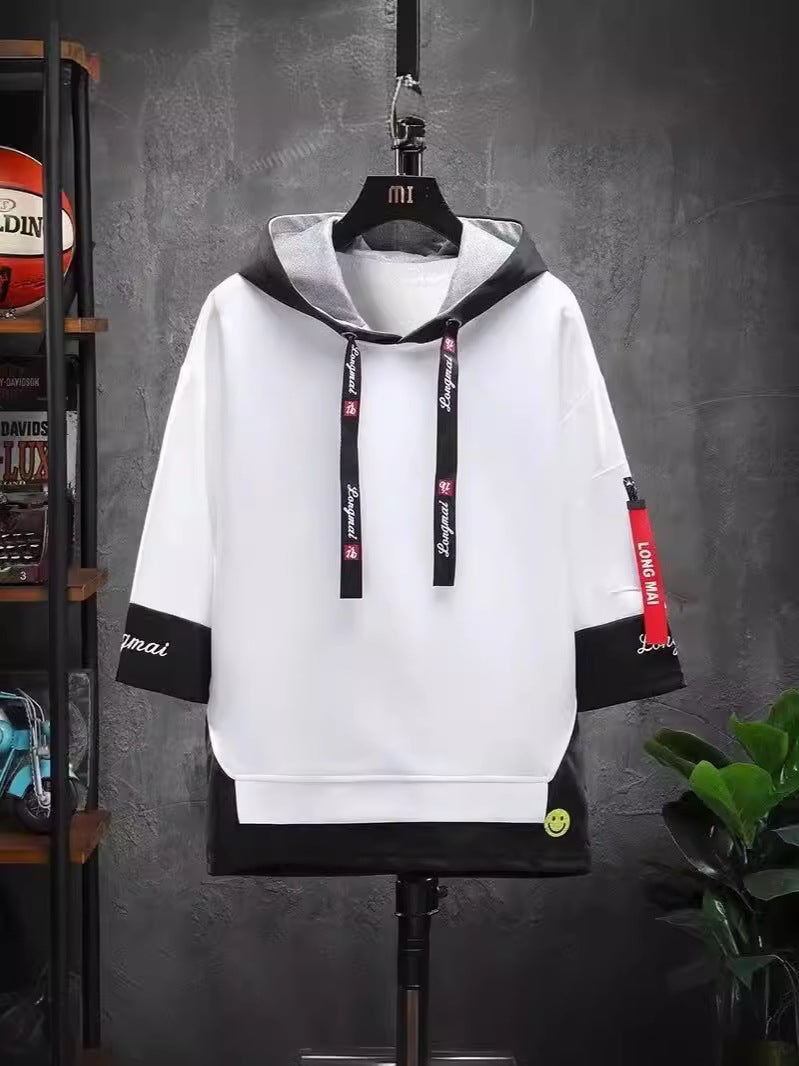 Short-Sleeved T-Shirt Men'S 2025 Style Hooded National Trendyy Youth Loose Three-Quarter Sleeve Fake Two-Piece Top - Image 2