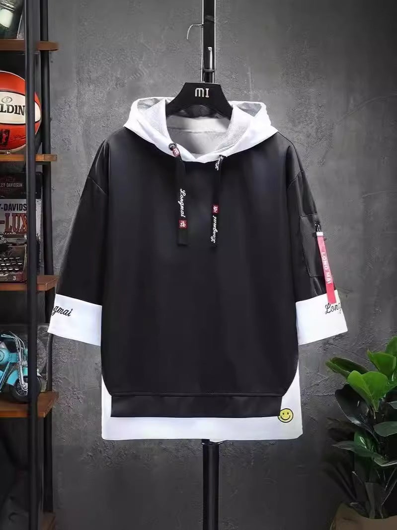 Short-Sleeved T-Shirt Men'S 2025 Style Hooded National Trendyy Youth Loose Three-Quarter Sleeve Fake Two-Piece Top - Image 5