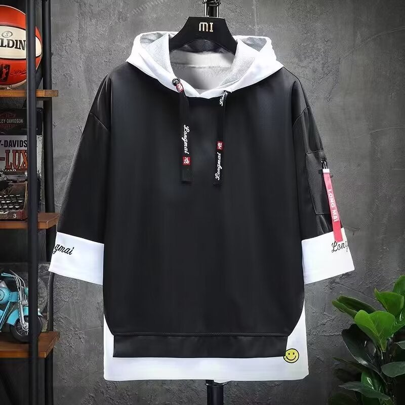 Short-Sleeved T-Shirt Men'S 2025 Style Hooded National Trendyy Youth Loose Three-Quarter Sleeve Fake Two-Piece Top - Image 1