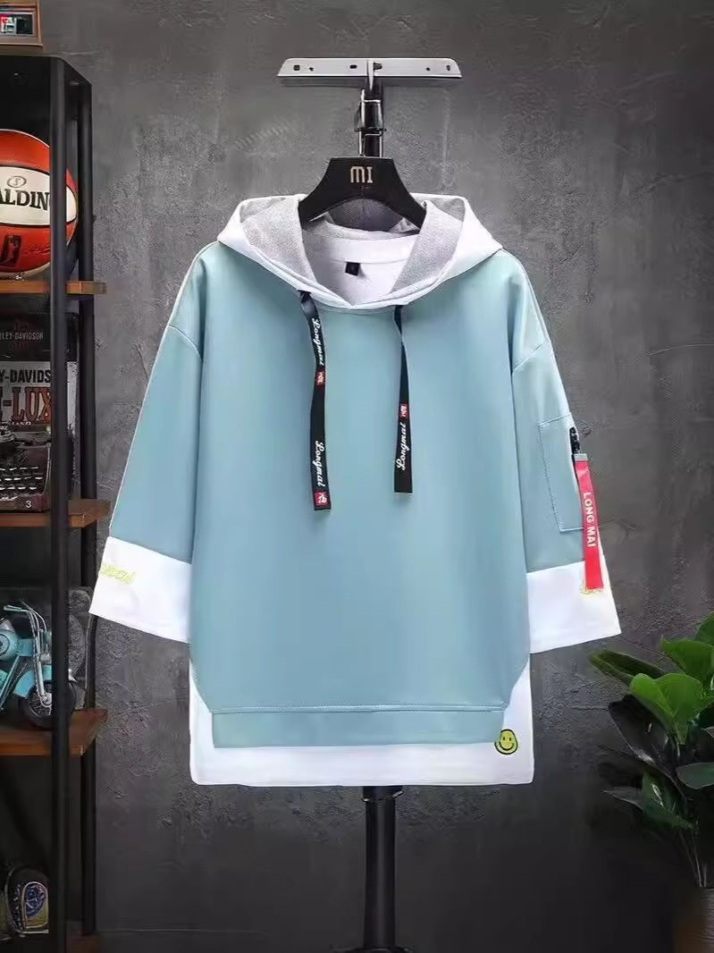 Short-Sleeved T-Shirt Men'S 2025 Style Hooded National Trendyy Youth Loose Three-Quarter Sleeve Fake Two-Piece Top - Image 3