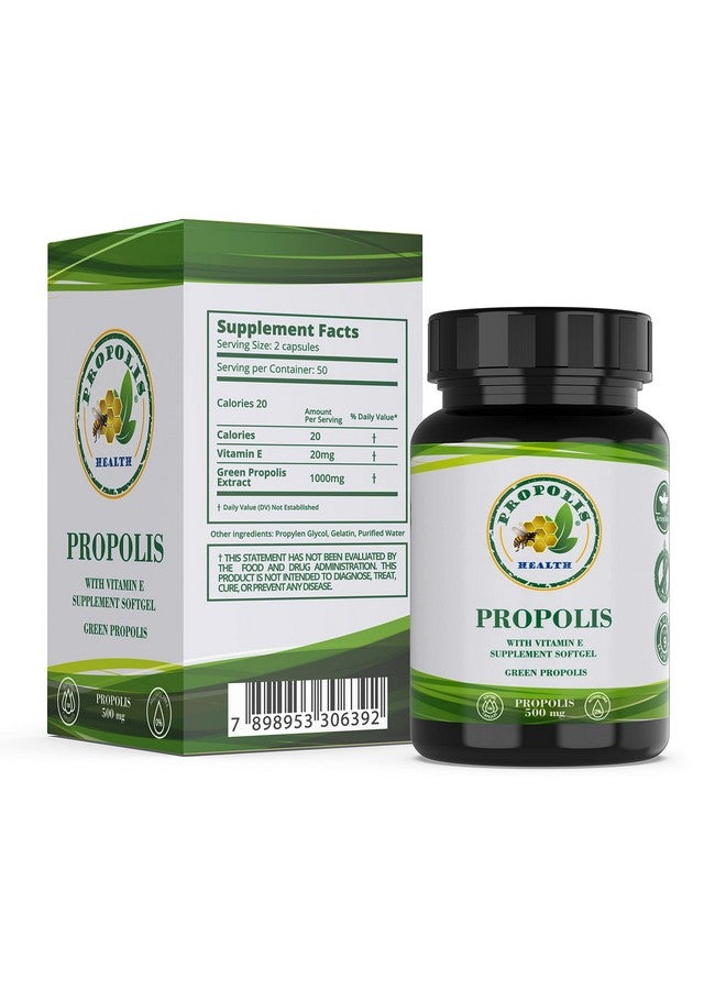 Propolis Health Propolis Capsules 1000mg-Daily with Vitamin E Per 2 Capsules - Brazilian Green Propolis Extract - Immune Booster 50 Days Supply Propolis Capsules (100 Capsules) - Image 1