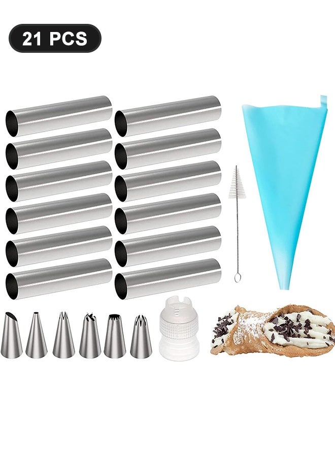Ant 21Pcs Cannoli Tubes Kit, Cream Horn Mold, Stainless Steel Cannoli Forms Tubular Shaped Baking Molds for Danish Pastry Lady Lock Form Croissant Shell Ice Cream Puff Waffle Cream Roll - Image 1