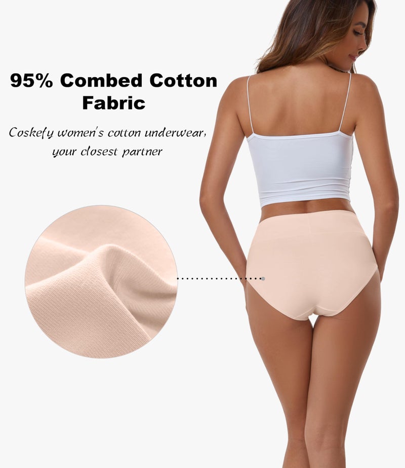 coskefy Cotton Panties for Women No Show High Waisted Underwear Seamless Tummy Control Briefs 5 Pack Beige - Image 5