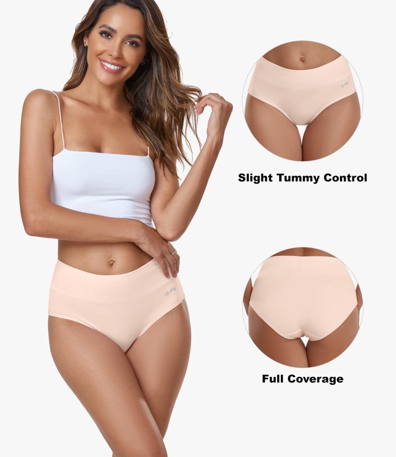 coskefy Cotton Panties for Women No Show High Waisted Underwear Seamless Tummy Control Briefs 5 Pack Beige - Image 2