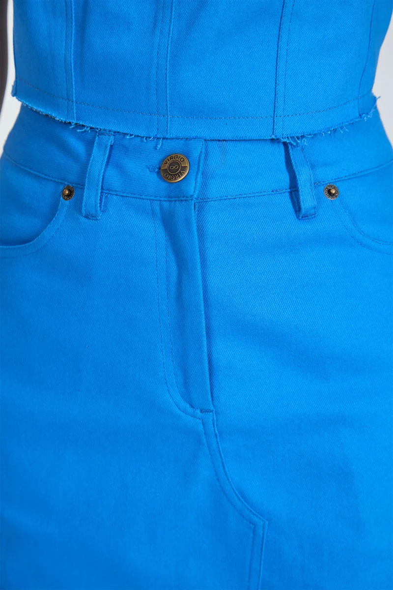 Virgio Blue Solid Cotton Stretch Drill Slit Skirt for Women for Women | Best Price UAE