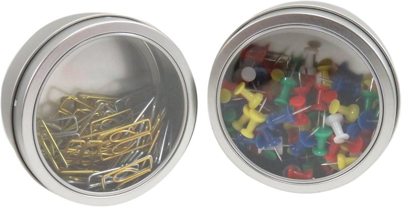 Magnetic Round Paper Clip Holder Container Case Organizer 3.5 x 1.5 Clear Silver (Set of 2)