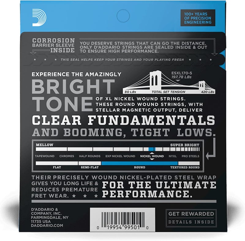 د'اداريو أوتار جيتار باس D'Addario XL مطلية بالنيكل - EXL170-5 - طقم من 5 أوتار، مقياس طويل 45-130، دقة صوت مثالية ومتانة عالية - Image 2