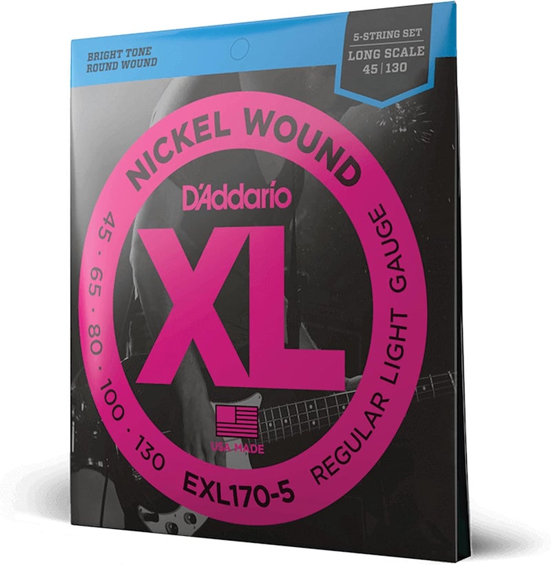 د'اداريو أوتار جيتار باس D'Addario XL مطلية بالنيكل - EXL170-5 - طقم من 5 أوتار، مقياس طويل 45-130، دقة صوت مثالية ومتانة عالية - Image 1