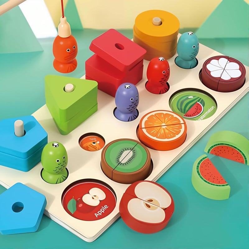 EDUTREE Montessori 3-in-1 Educational Wooden Toy - Magnetic Fishing, Shape Sorting, and Fruit Cutting, Enhancing Hand-Eye Coordination & Cognitive Skills for Kids Aged 3-5 - Image 1