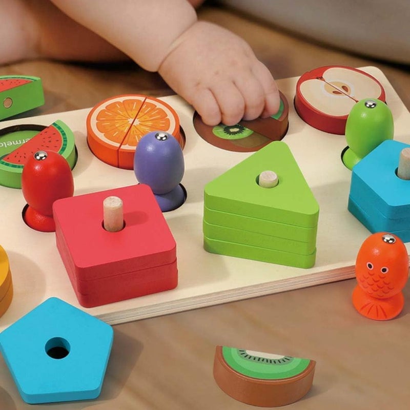 EDUTREE Montessori 3-in-1 Educational Wooden Toy - Magnetic Fishing, Shape Sorting, and Fruit Cutting, Enhancing Hand-Eye Coordination & Cognitive Skills for Kids Aged 3-5 - Image 3