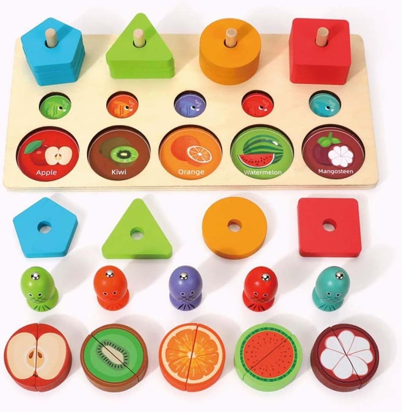 EDUTREE Montessori 3-in-1 Educational Wooden Toy - Magnetic Fishing, Shape Sorting, and Fruit Cutting, Enhancing Hand-Eye Coordination & Cognitive Skills for Kids Aged 3-5 - Image 4