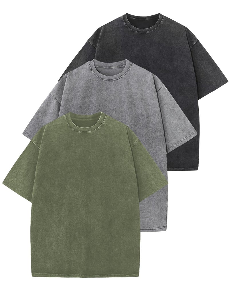 Arssm 3 Pack Men Oversized T Shirts Vintage Tee Loose Fit Short Sleeve Casual Streetwear Baggy Washed Unisex TopsBlackGreyArmyXL - Image 2