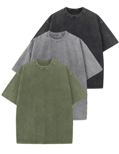 Arssm 3 Pack Men Oversized T Shirts Vintage Tee Loose Fit Short Sleeve Casual Streetwear Baggy Washed Unisex TopsBlackGreyArmyXL - Image 1