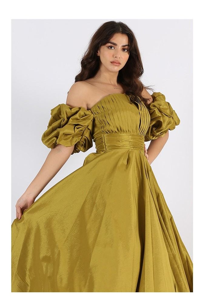 Dentek - An elegant evening dress with a French design, of luxurious Shanton, with puffed sleeves, on thin pleats in the chest, with a belted waist from the bottom, a cloche story - Image 1