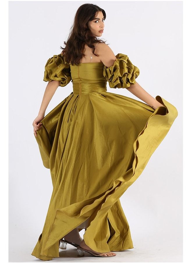 Dentek - An elegant evening dress with a French design, of luxurious Shanton, with puffed sleeves, on thin pleats in the chest, with a belted waist from the bottom, a cloche story - Image 1