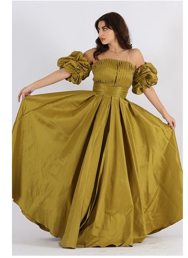 Dentek - An elegant evening dress with a French design, of luxurious Shanton, with puffed sleeves, on thin pleats in the chest, with a belted waist from the bottom, a cloche story - Image 1