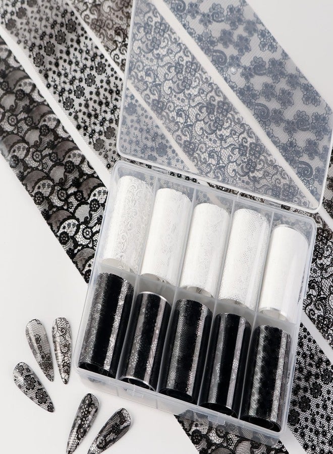 LYLYNB 10 Rolls Black White Lace Nail Foil Transfer Sheets, Elegant Lace Nail Art Foil Transfer Stickers 3D Flower Nail Transfer Foil DIY Acrylic Nail Decorations for Women Manicure Art Supplies Accessories - Image 3