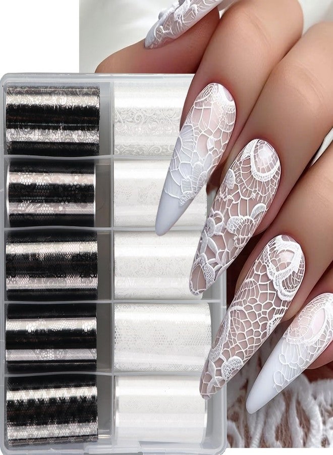 LYLYNB 10 Rolls Black White Lace Nail Foil Transfer Sheets, Elegant Lace Nail Art Foil Transfer Stickers 3D Flower Nail Transfer Foil DIY Acrylic Nail Decorations for Women Manicure Art Supplies Accessories - Image 1