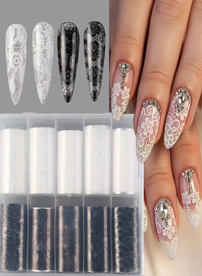 LYLYNB 10 Rolls Black White Lace Nail Foil Transfer Sheets, Elegant Lace Nail Art Foil Transfer Stickers 3D Flower Nail Transfer Foil DIY Acrylic Nail Decorations for Women Manicure Art Supplies Accessories - Image 5