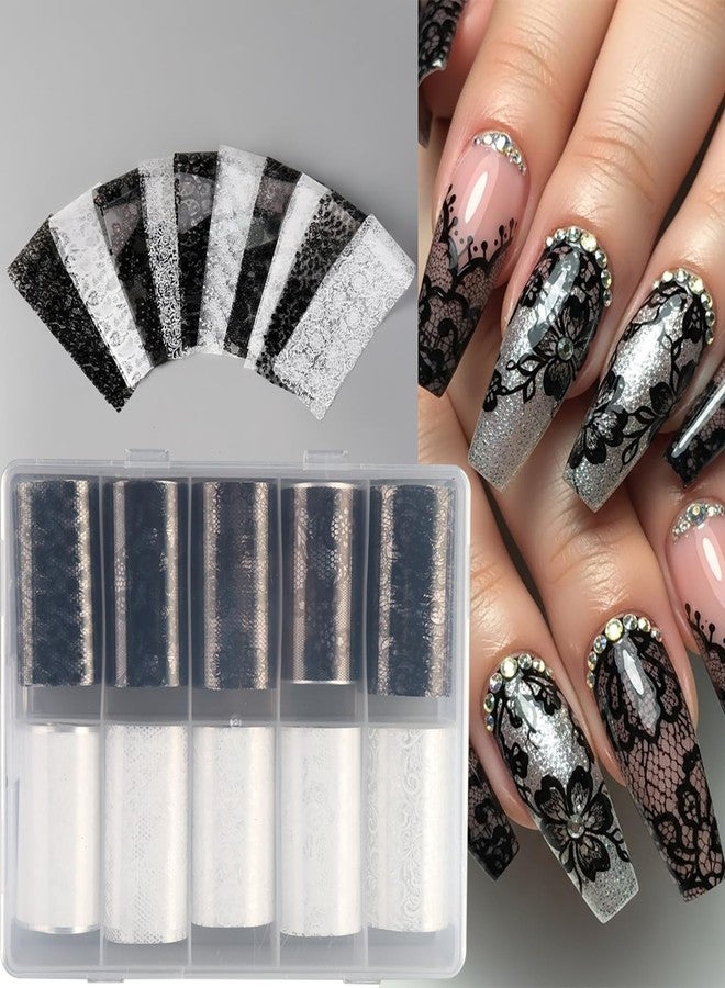 LYLYNB 10 Rolls Black White Lace Nail Foil Transfer Sheets, Elegant Lace Nail Art Foil Transfer Stickers 3D Flower Nail Transfer Foil DIY Acrylic Nail Decorations for Women Manicure Art Supplies Accessories - Image 2