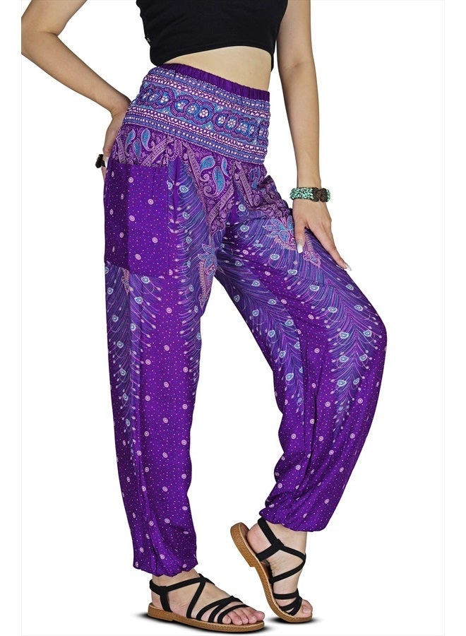 Your Cozy Women Harem Pant Boho Genie Aladdin Smocked Waist Yoga Trousers (Peacock Violet 2XL) - Image 1