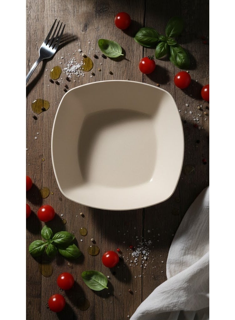 Square Plastic Deep Plate for Pasta & Breakfast - Unbreakable Serving Bowl with Speckled Design (Granite Look) - Beige Cream - Image 2