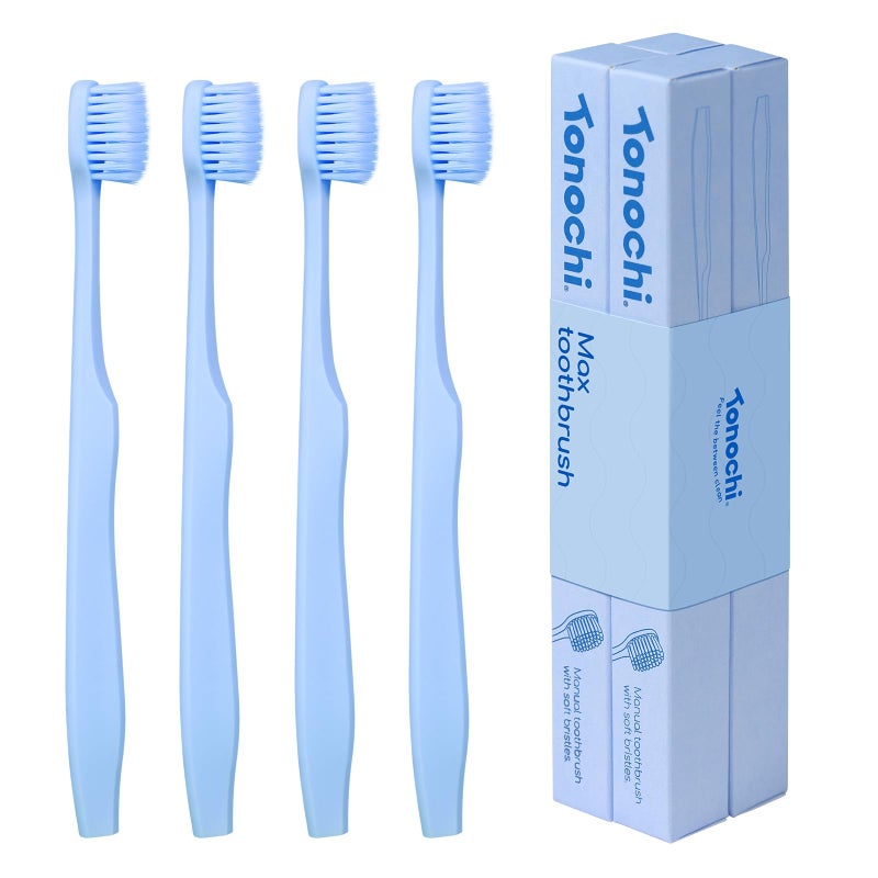 Tonochi Max Extra Soft Toothbrush for Adults with Sensitive Gums, Soft Bristle Toothbrushes, Wide Head for Back Teeth, Ergonomic Non-Slip Grip, BPA Free, Individually Wrapped, 4 Pack, Sky Blue - Image 1