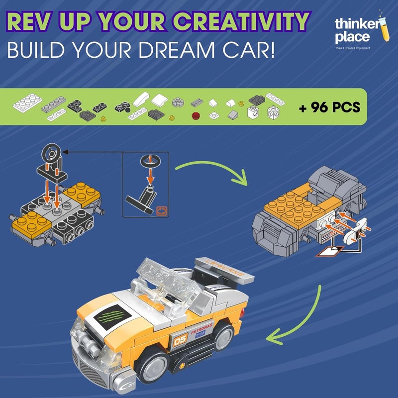 ThinkerPlace 8-in-1 Speed Racing Cars Lightning (96 Pieces) | Learn About Electric Vehicles | Building Block Set for Kids Age 6+ | STEM Educational Toy | Build, Collect & Create Big-Size Racing Car - Image 2