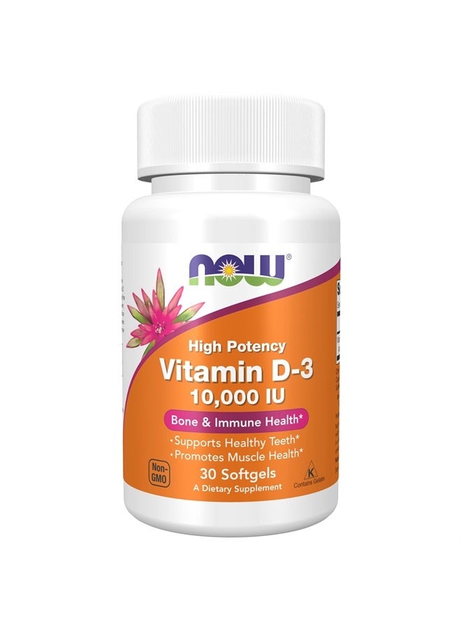now Supplements, Vitamin D-3 10,000 IU, Highest Potency, Structural Support*, 30 Softgels - Image 1